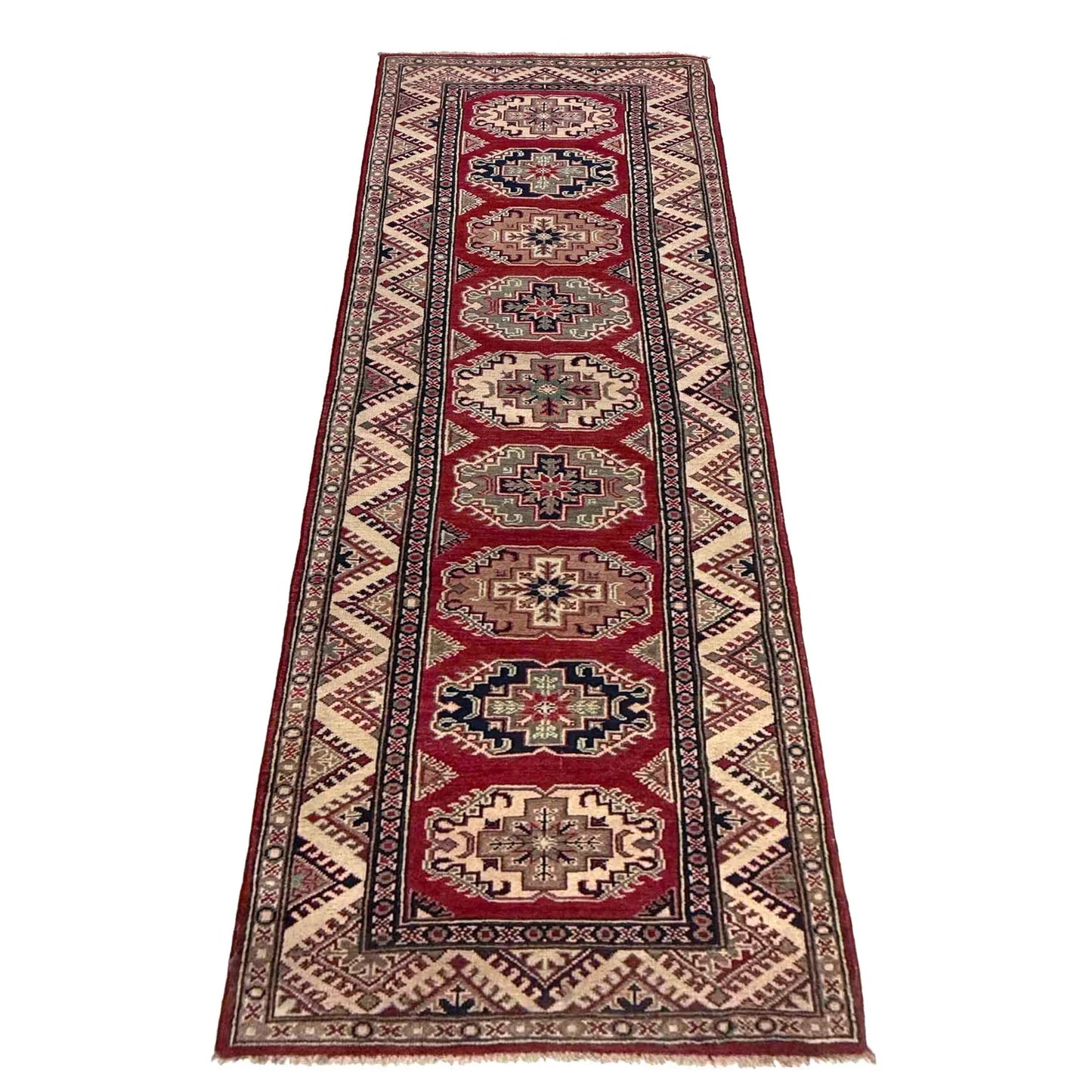 Red Oriental Kazak Afghan Hand-knotted Runner (KK-279)